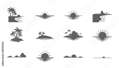 Tropical island scenes with palm trees sun and water in a dark isolated vector silhouette