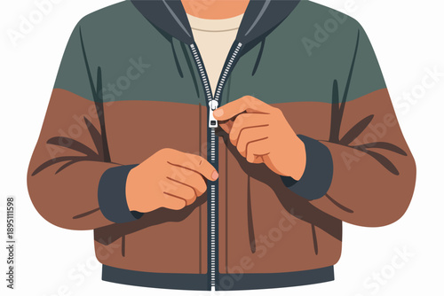 Human hands zipping up jacket, dressing in casual warm outer clothing garment
