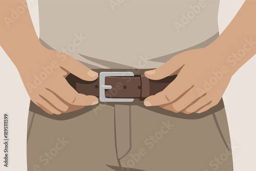 Person's hands adjusting brown leather belt on trousers, fastening buckle detail