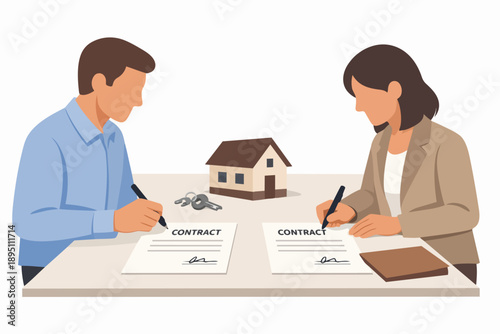 Man and woman signing property contract, securing mortgage, purchasing home