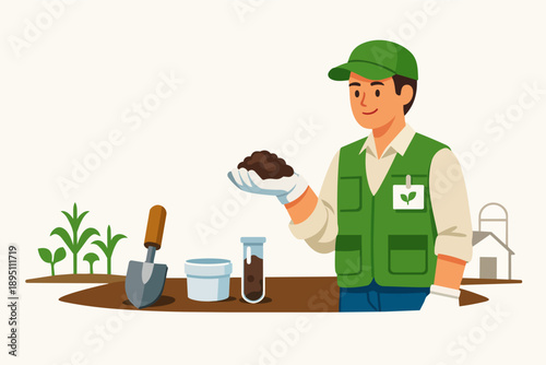 Agronomist examining soil, performing agriculture research field test