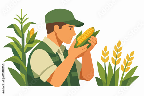 Farmer inspecting corn crop, ensuring quality and healthy growth of harvest