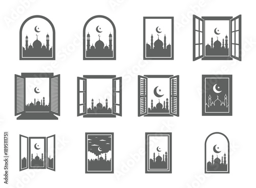 Window frames displaying islamic architecture and crescent moons in dark silhouette