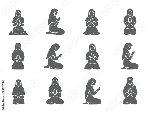 Islamic women in prayer poses a dark elegant isolated vector silhouette action poses