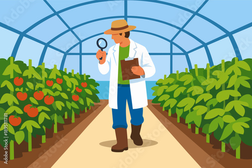 Scientist studying tomato cultivation in a greenhouse, agricultural research, plant experiment