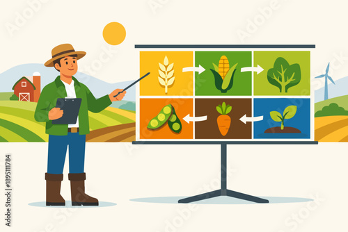Farmer explaining crop rotation diagram for sustainable agriculture education