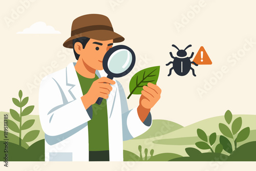 Scientist examining plant leaf for pest control in agriculture industry