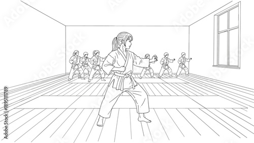 Dynamic karate class training in minimalist studio line art