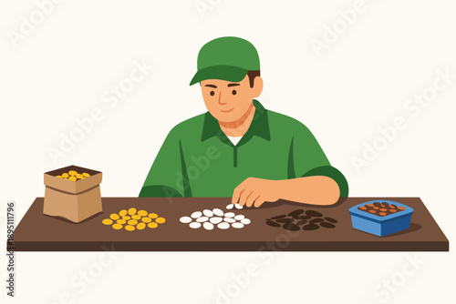 Man sorting seeds for quality control, production, and agricultural inspection