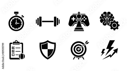 Minimalist icons for fitness, gaming, and productivity: stopwatch, dumbbell, brain, and more