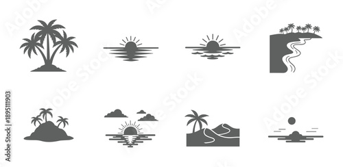 Tropical island landscape designs featuring palm trees and ocean views silhouette set isolated