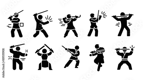 Martial arts silhouette icons: swordplay and fighting moves collection