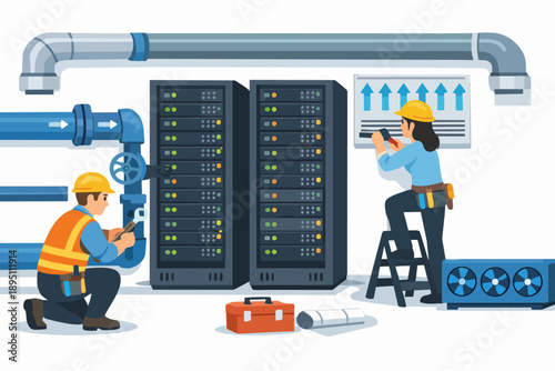 Technicians performing data center maintenance, servicing server racks and cooling systems