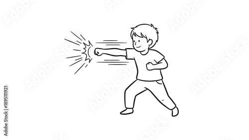Boy punching with energy in playful outline drawing for kids
