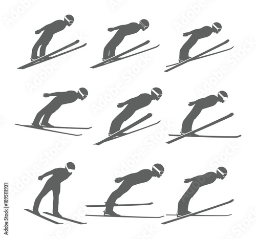 Dynamic ski jumping poses are grey silhouette action poses