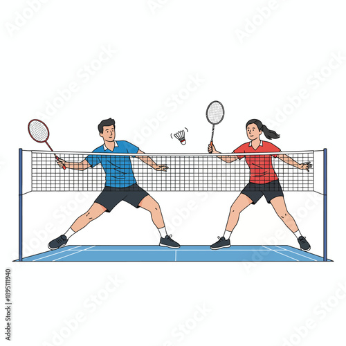 Two people playing badminton over a net ready to hit a shuttlecock