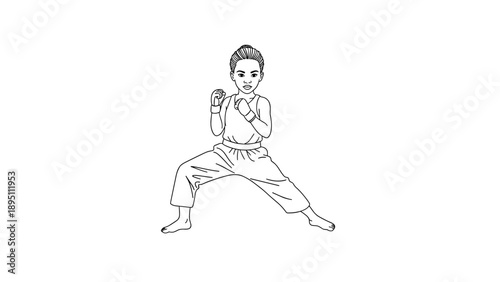 Martial arts girl in fighting stance, black and white illustration