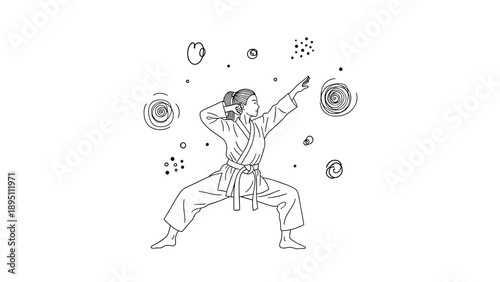 Karate pose with abstract elements: dynamic linear art