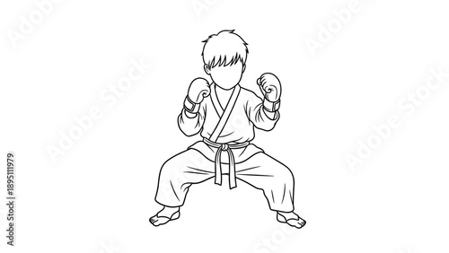 Karate kid in fighting stance: line art of martial artist in gi
