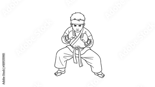 Karate kid in martial arts stance: black and white line art drawing