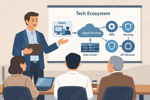 Presenting tech ecosystem connecting cloud services, data center, iot, and security