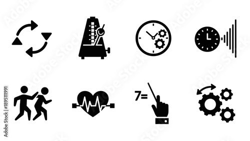 Silhouette icons of time, motion, and health: metronome, clock, heartbeat, running