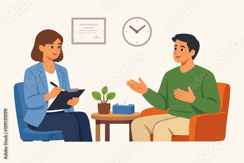 Counseling session with patient talking to female therapist providing mental support