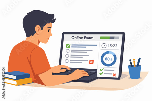 Student taking online exam on laptop, e-learning and remote study concept