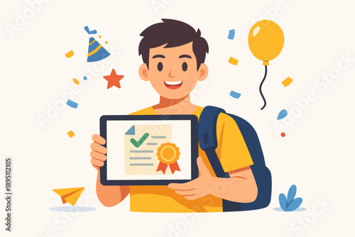 Student celebrating online learning success holding digital certificate on tablet