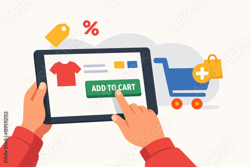 Hands holding tablet, tapping add to cart for online shopping and e-commerce