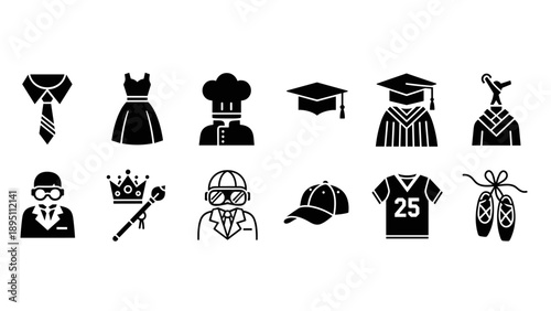 Silhouette icons of diverse professions and attire: chef, graduate, athlete, dancer, and more