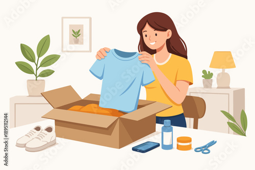 Woman preparing clothes for donation, unboxing garments for charity or recycling