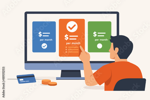 Person choosing subscription plan online, comparing digital service pricing on screen