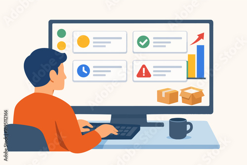 Person managing logistics and tracking inventory on computer dashboard with data