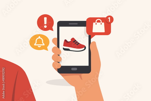 Hand holding smartphone displaying sneaker with shopping and notification alerts