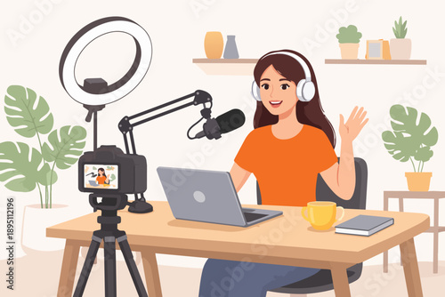 Vlogger recording video, female content creator streaming online with microphone and camera