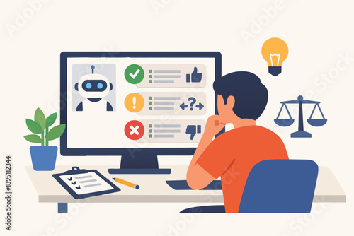 Person evaluating ai chatbot ethics, fairness, and performance, considering regulations