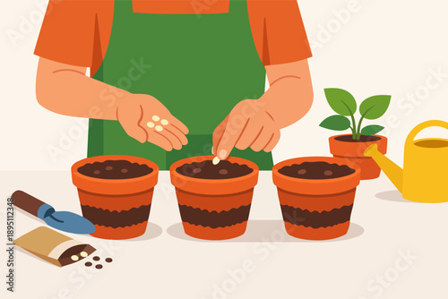Person planting seeds in terracotta pots for home gardening project