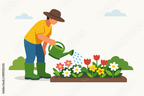 Gardener watering flower bed, nurturing plants for growth and beauty