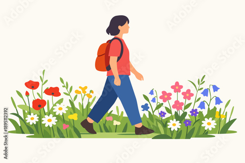 Woman hiking in spring nature, enjoying outdoor walk with backpack and flowers