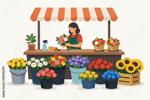 Florist preparing bouquets at flower market stall, small business concept