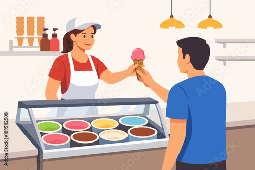 Server giving customer a cone of ice cream at a sweet shop counter
