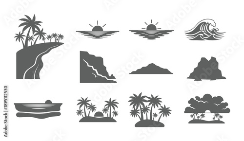 Tropical island scenes and ocean waves silhouette set isolated
