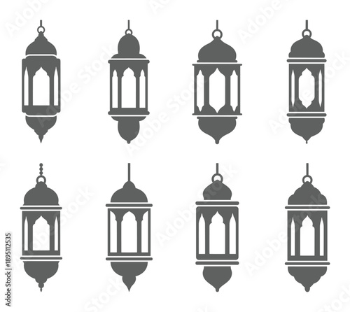 Ornate grey lanterns displayed in neat rows creating isolated silhouette