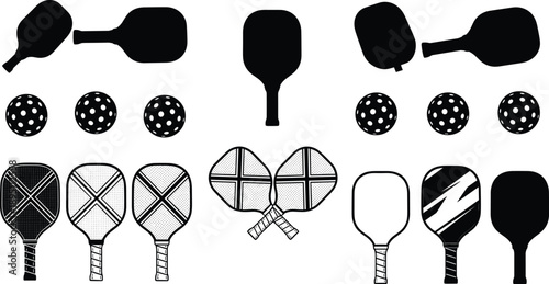 Pickleball paddle and ball silhouettes collection showing equipment variations, recreational sport gear icons, outdoor fitness and modern racket game elements isolated on white background illustration