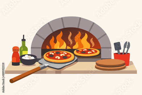Pizza cooking in traditional wood-fired oven with flames, prepare italian food