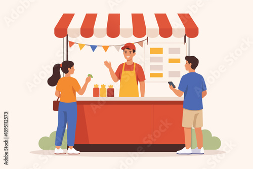 Vendor selling street food to customers at a market stall