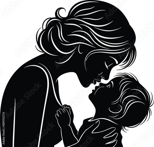Mother and baby silhouette illustration showing tender love and care, maternal bond, parenting and family affection concept, emotional motherhood moment isolated on white background design