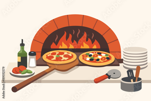 Pizzas baking in a brick wood-fired oven with kitchen accessories