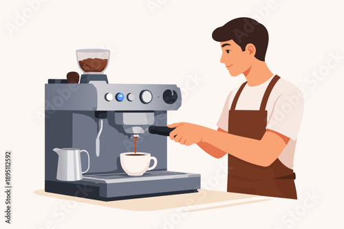 Male barista in apron brewing fresh coffee with a commercial espresso maker
